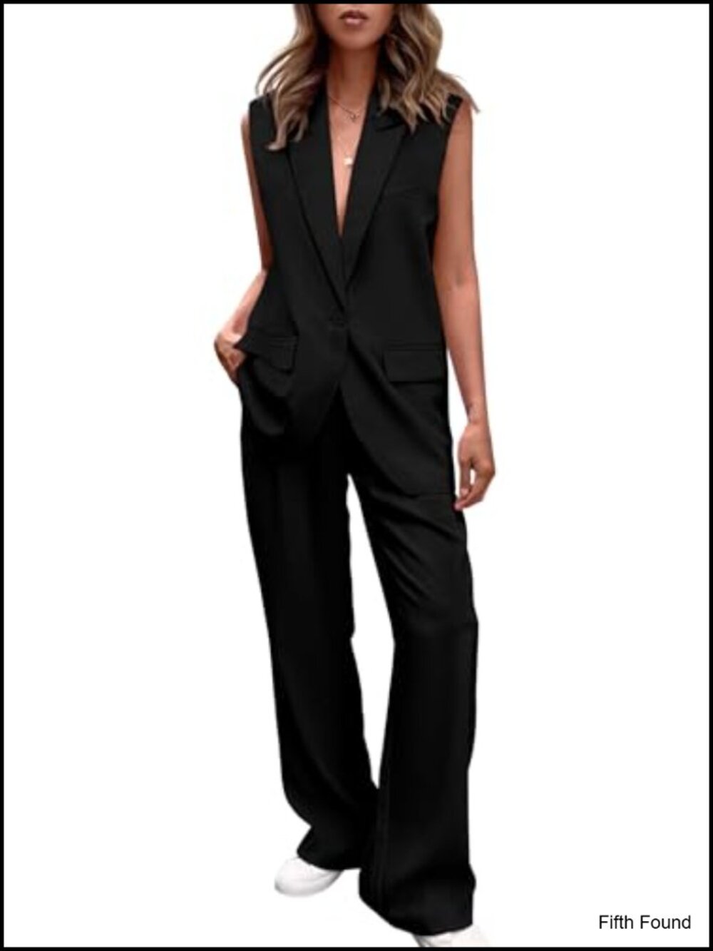 Women's 2 Piece Blazer Set Sleeveless Vest Wide Leg Palazzo Pants Suit